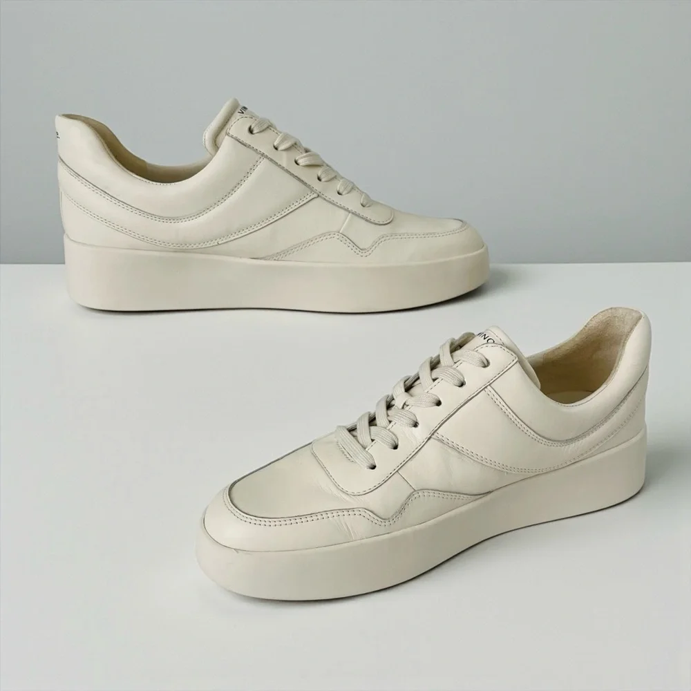 VINCE Warren Court Leather Platform Lace Up Sneakers in Milk NEW